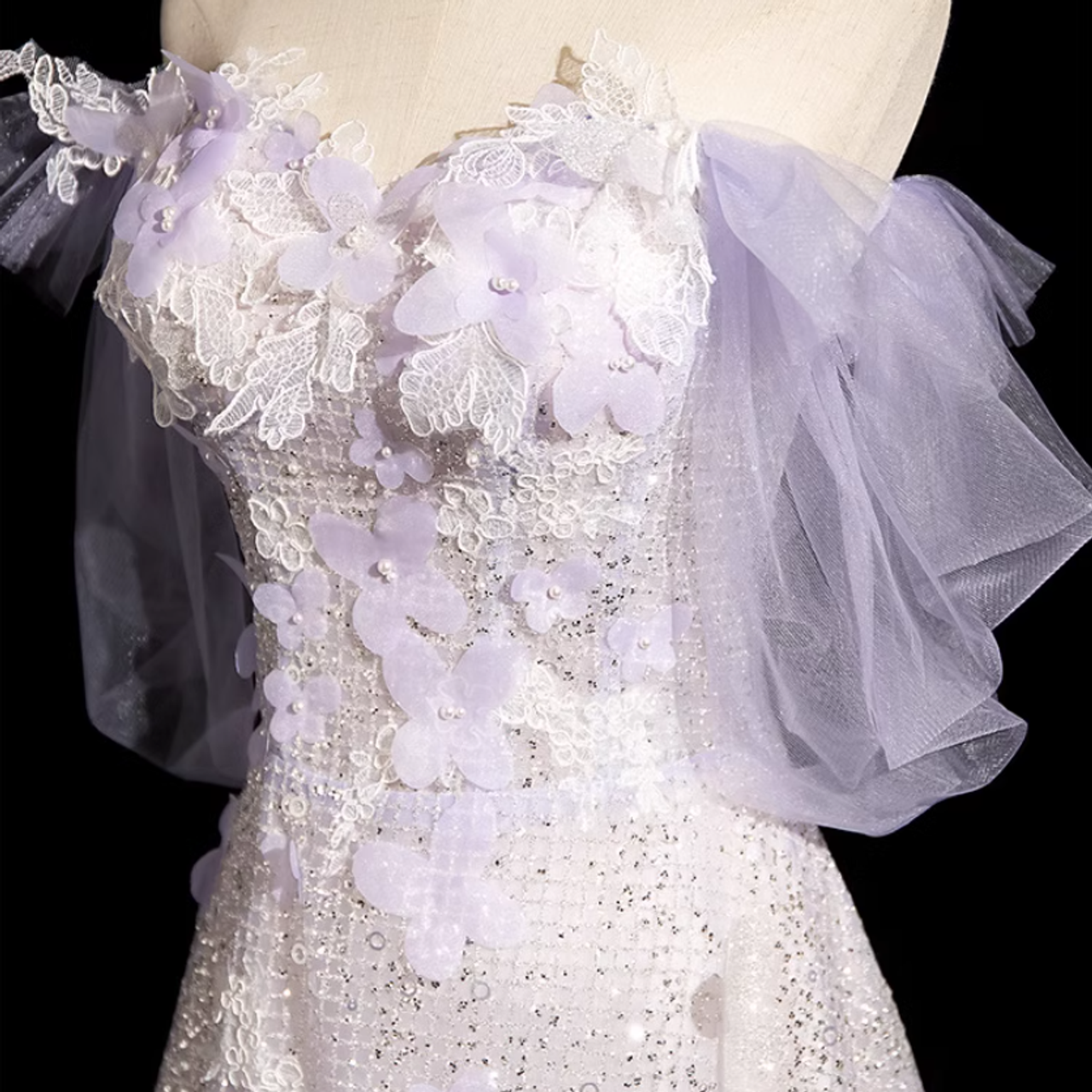 Purple Sequins Off the Shoulder Flower Prom Dress TP1519