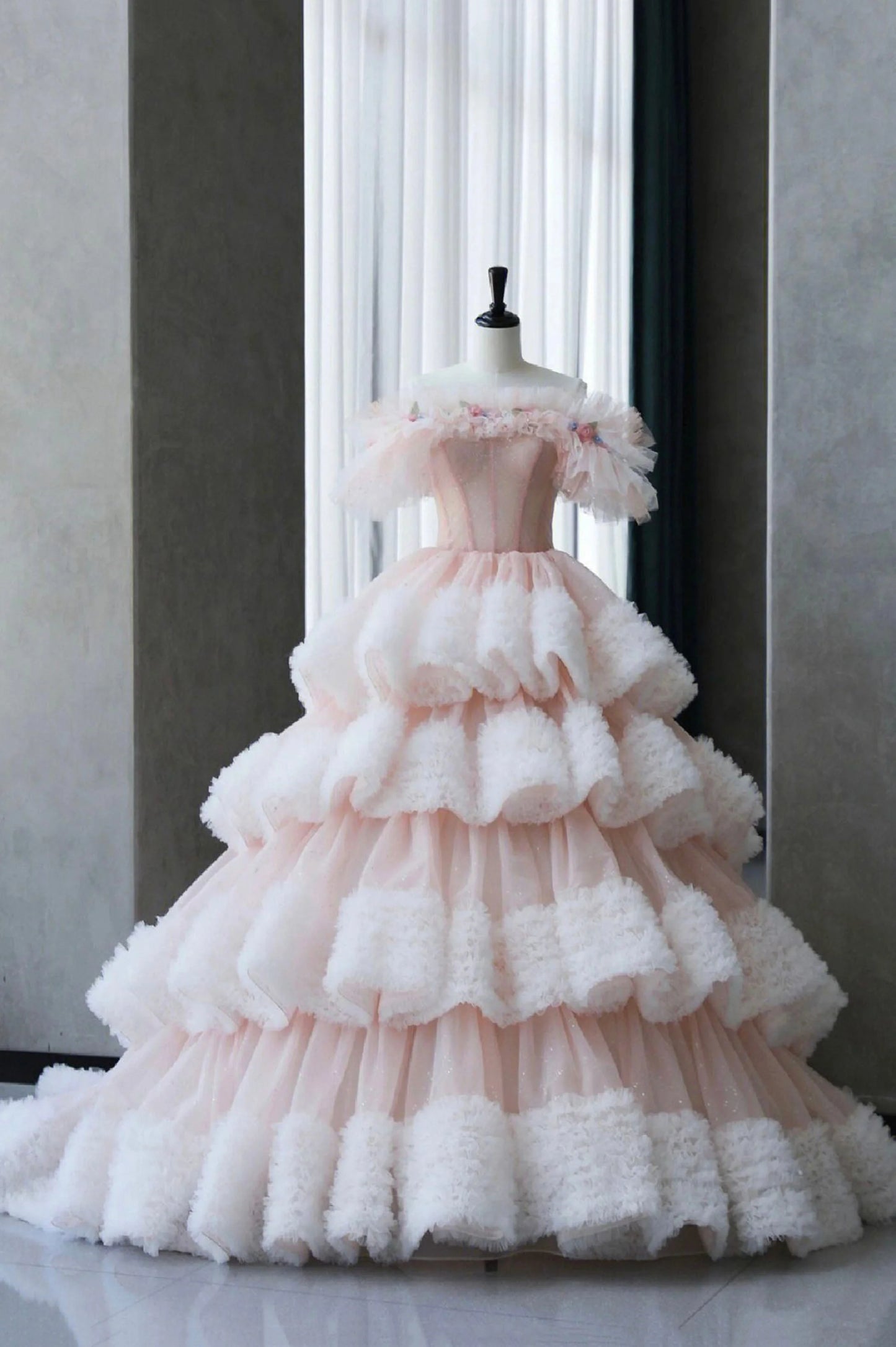Ball Gown Off Shoulder Pink Tulle Long Prom Dress, Sweet 16 Dress TP1528