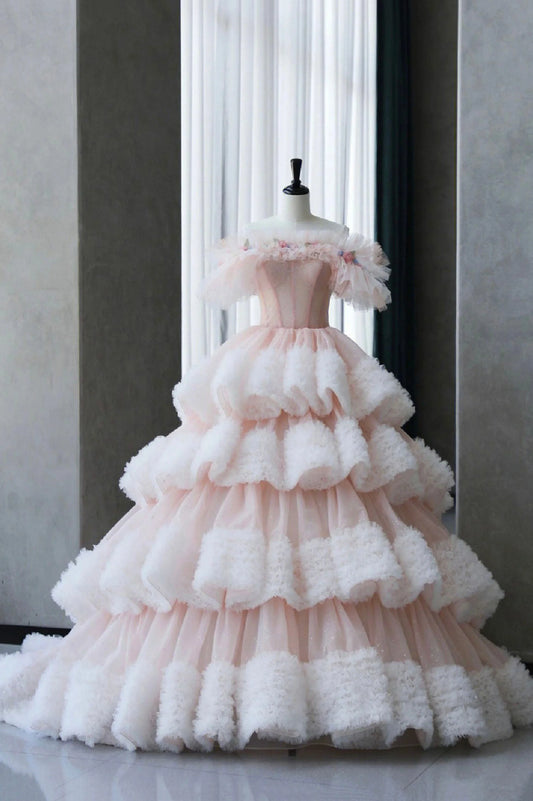 Ball Gown Off Shoulder Pink Tulle Long Prom Dress, Sweet 16 Dress TP1528