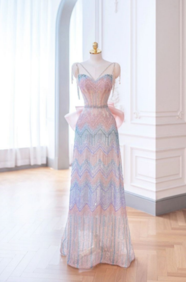 Chic A-Line Colorful Geometric Sleeveless Beaded Bow Long Prom Dresses TP1540