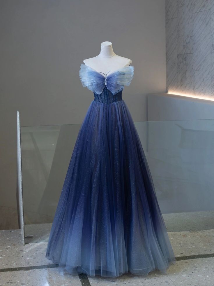Blue A-Line Strapless Butterfly Tulle Long Prom Dresses TP1543