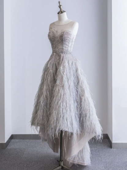 Gray High Low Round Neck Sleeveless Feather Prom Dresses TP1549