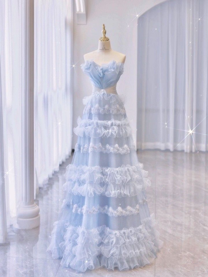 Pale Blue A-Line Strapless Tulle Long Prom Dresses TP1557