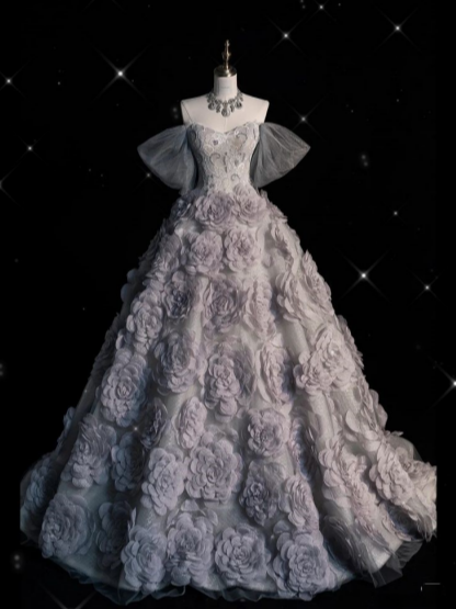 Light Purple A Strapless 3D Floral Tulle Tutu Poncho Dress Floor Length Prom Dresses TP1571