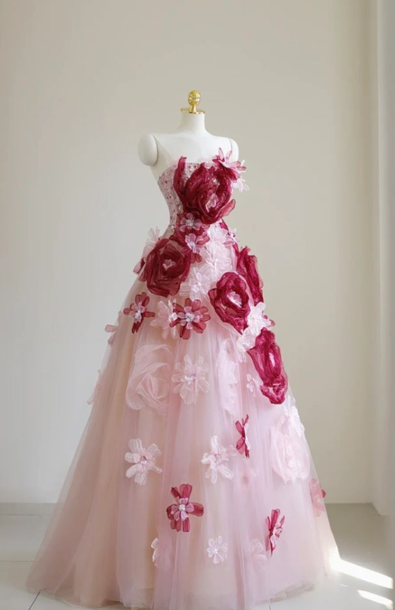 Pink A-Line Sheath Strapless 3D Flower Tulle Long Prom Dresses TP1572