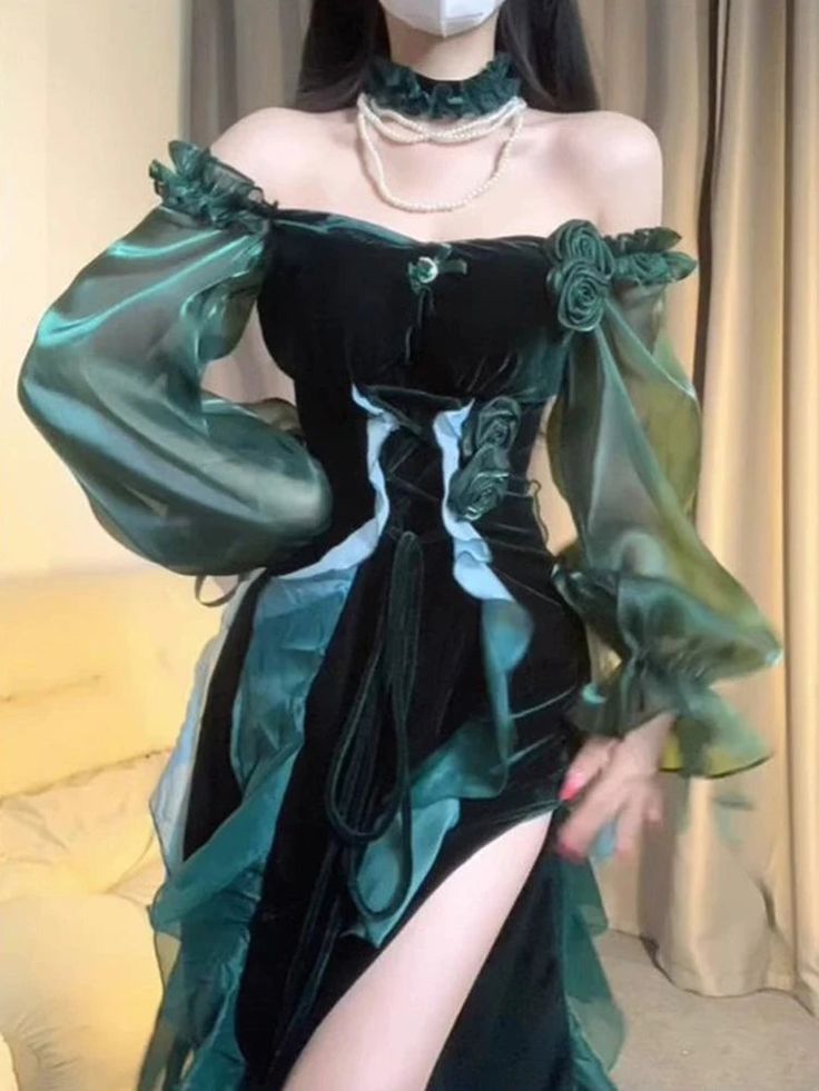 Green Strapless Velvet Ruffle Vintage Split Tea Break Dresses TP1581