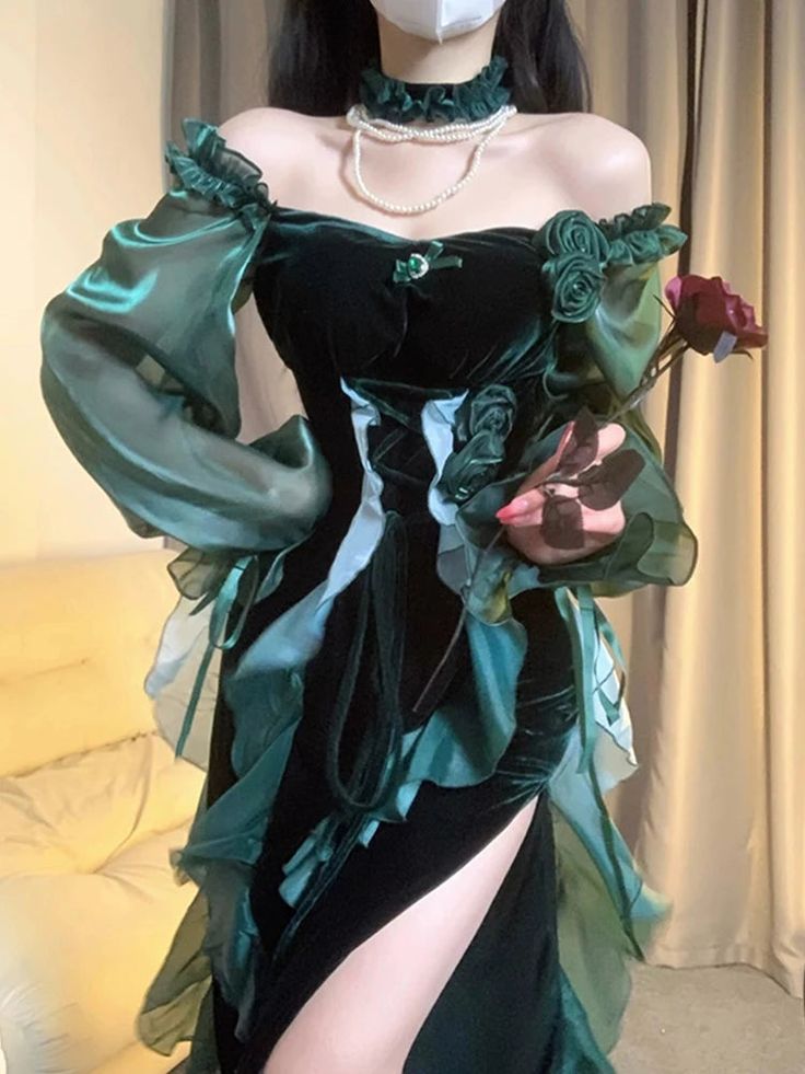 Green Strapless Velvet Ruffle Vintage Split Tea Break Dresses TP1581