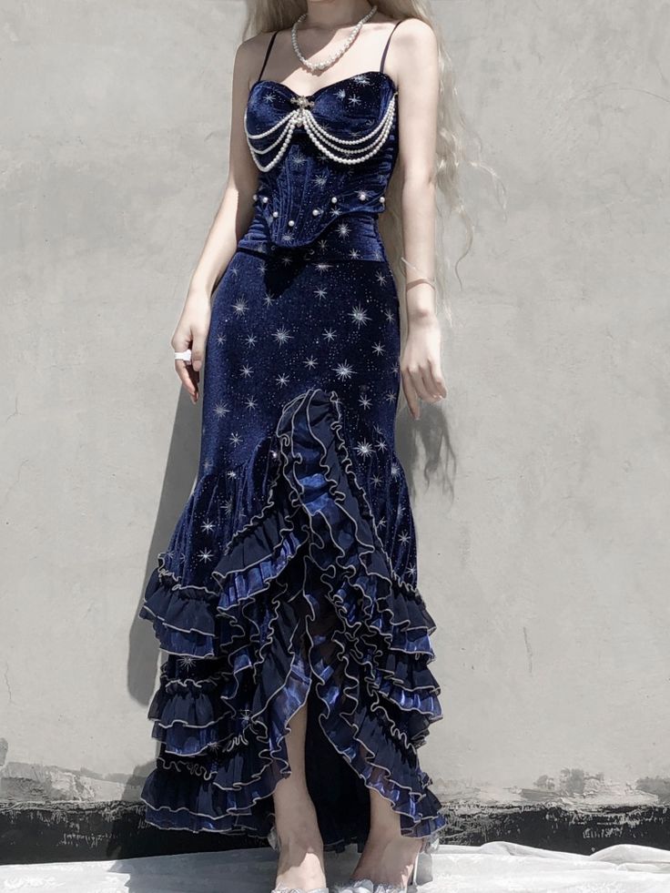 Navy Star Mermaid Dress Velvet High Leg Split Irregular Skirt TP1582
