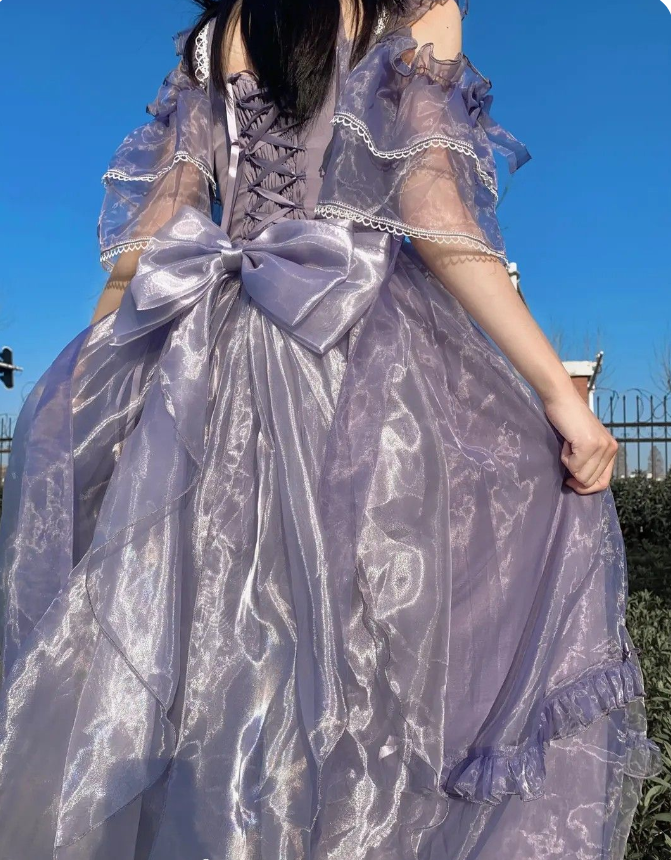 Purple Straps Strapless Lace Tulle Bow Long Dresses TP1583