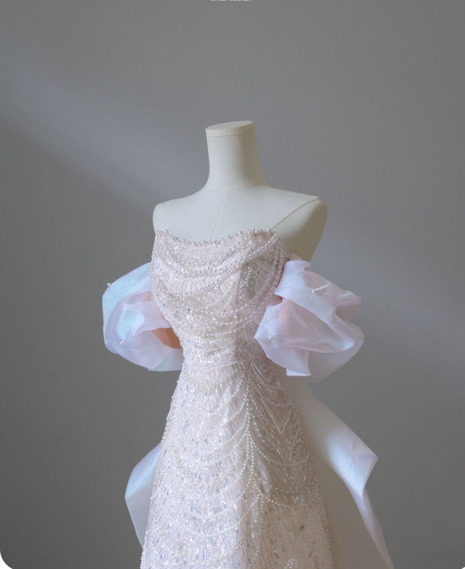 Pink A-Line Sheath Strapless Beaded Tulle Bow Long Prom Dresses TP1588