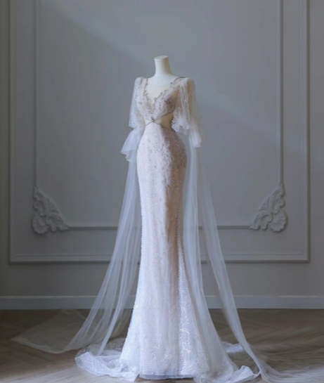 Pink Mermaid Round Neck Long Sleeve Beaded Tulle Long Prom Dresses TP1589