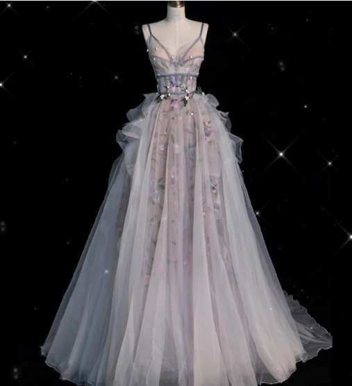 Gray A-Line Spaghetti Strap Tulle Floral Long Prom Dresses TP1591