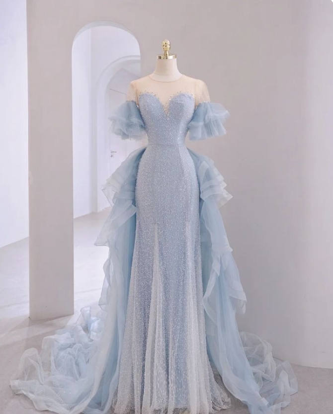 Blue A-Line Round Neck Short Sleeve Tulle Beaded Floor Length Prom Dresses TP1602