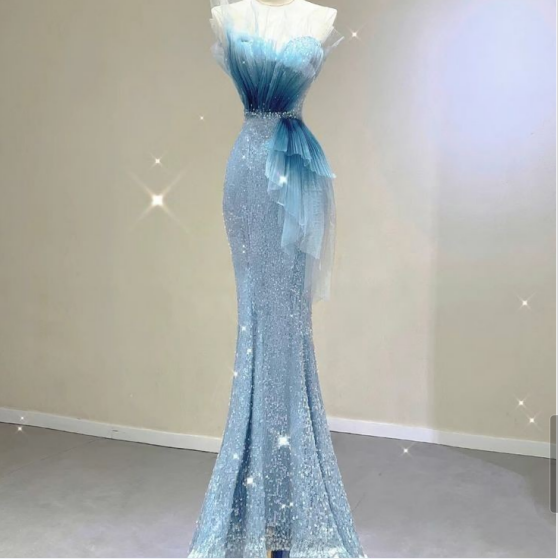 Blue Mermaid Heart Neck Sequin Long Ball Gowns TP1606