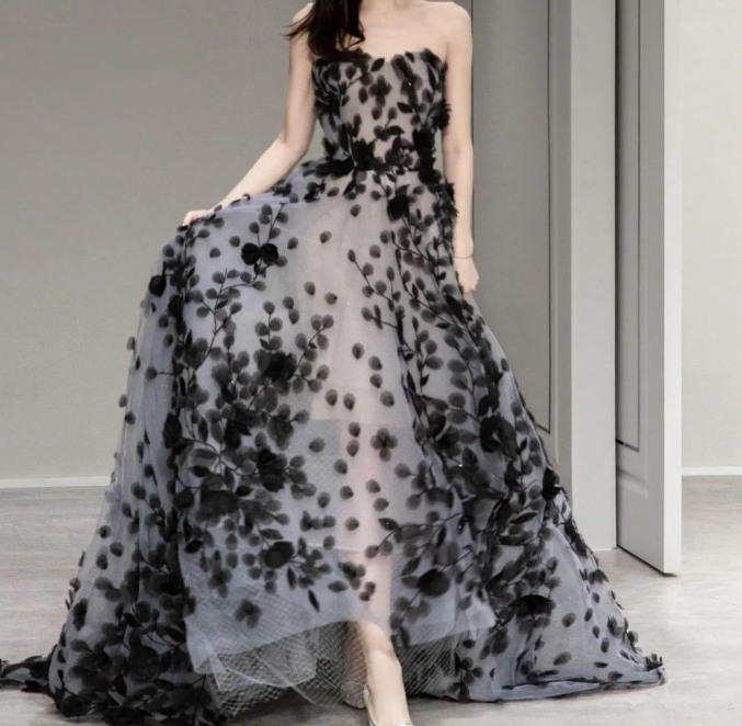 Black A-Line High Low Strapless Strapless Tulle Long Prom Dresses TP1609