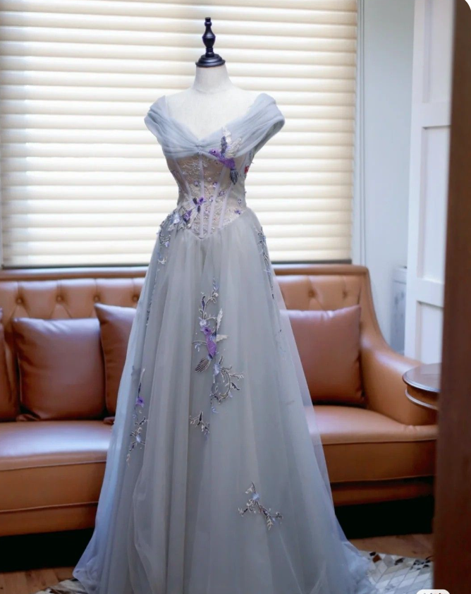 Gray A-Line Sleeveless Tulle Long Prom Dresses TP1615