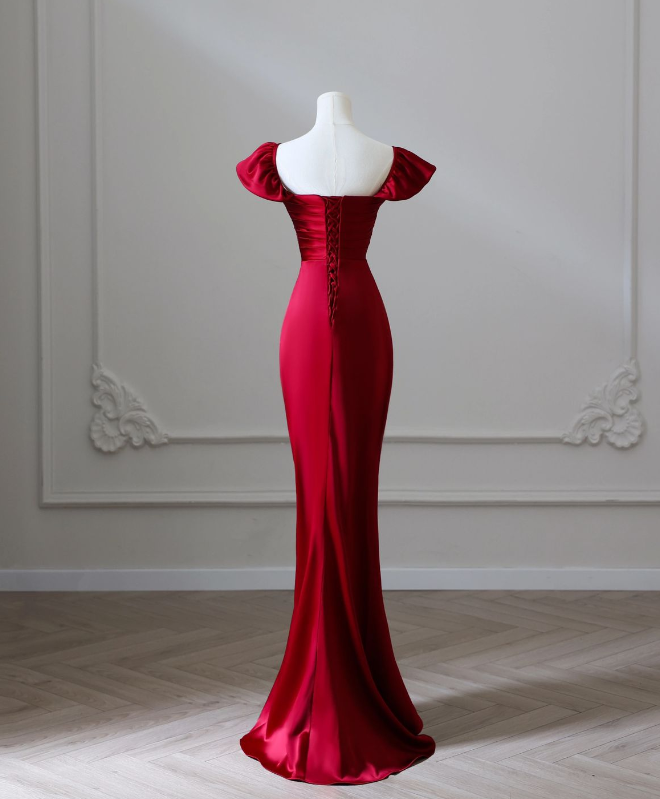 Red Mermaid Sleeveless Satin High Waisted Split Long Prom Dresses TP1619