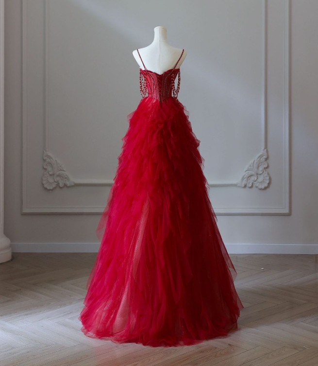 Burgundy A-Line Heart Neck Strapless Tulle Beaded Long Prom Dresses TP1622