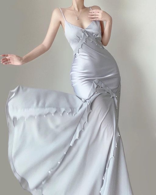 Gray Simple Mermaid V-Neck Spaghetti Strap Ankle Length Gowns TP1623