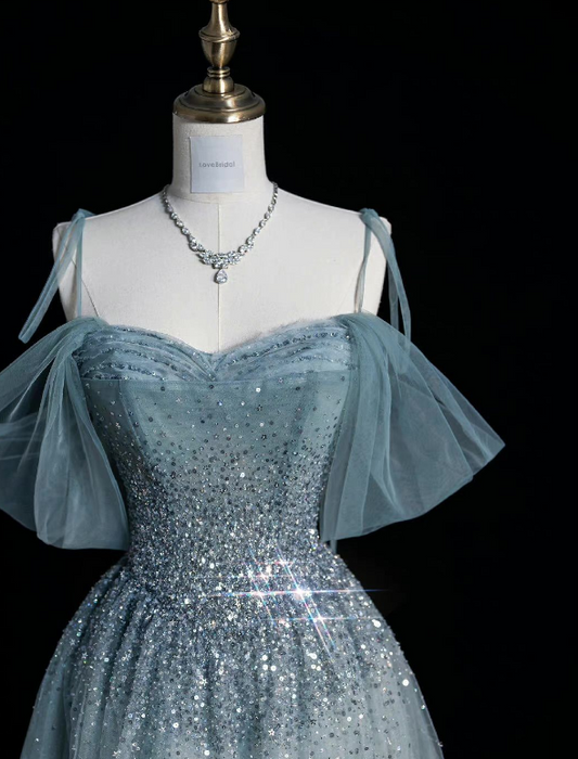 Blue Strapless Spaghetti Strap A Line Sequined Tulle Long Prom Dresses TP1624