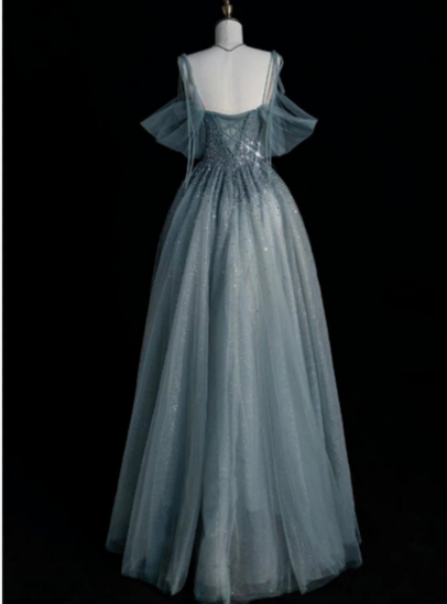 Blue Strapless Spaghetti Strap A Line Sequined Tulle Long Prom Dresses TP1624