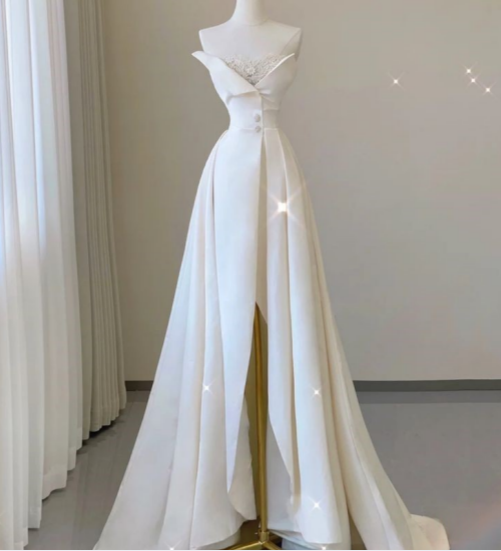 White A-Line Strapless Lace High Split Satin Long Prom Dresses TP1639