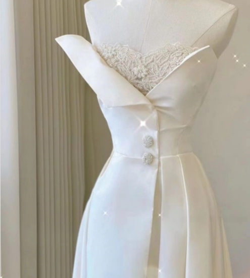 White A-Line Strapless Lace High Split Satin Long Prom Dresses TP1639