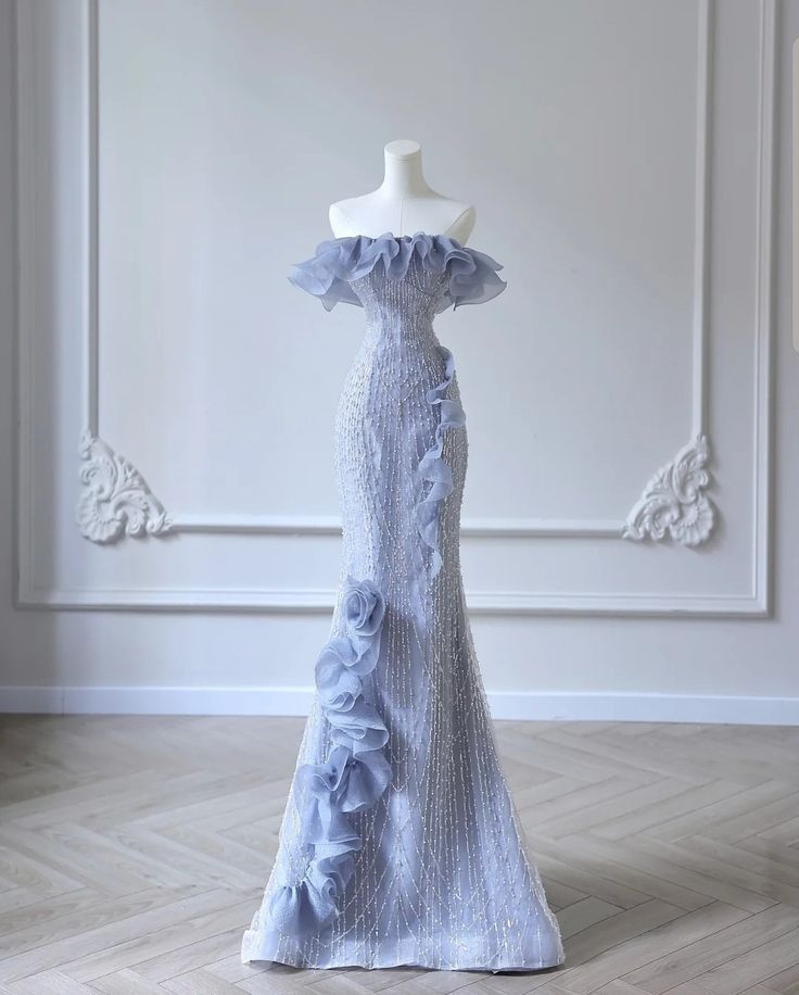 Blue Mermaid One Neck Strapless 3D Flower Beaded Tulle Floor Length Evening Dresses TP1640