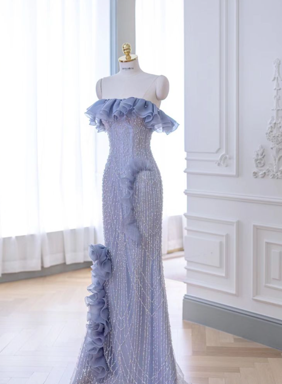 Blue Mermaid One Neck Strapless 3D Flower Beaded Tulle Floor Length Evening Dresses TP1640