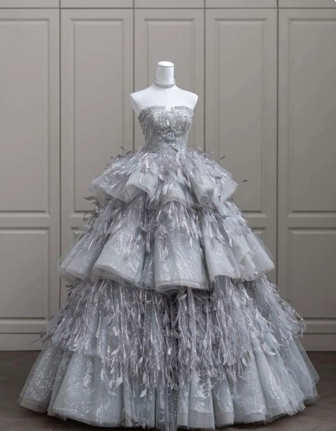 Gray A-Line Sheath Strapless Feather Layered Tulle Long Prom Dresses TP1657