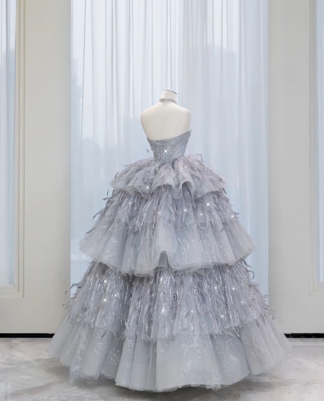 Gray A-Line Sheath Strapless Feather Layered Tulle Long Prom Dresses TP1657