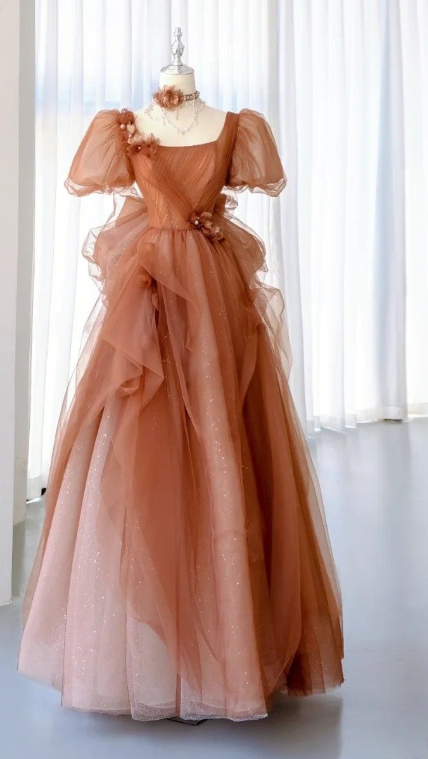 Brown A-Line Short Sleeve Tulle Long Prom Dresses Evening Gowns TP1659