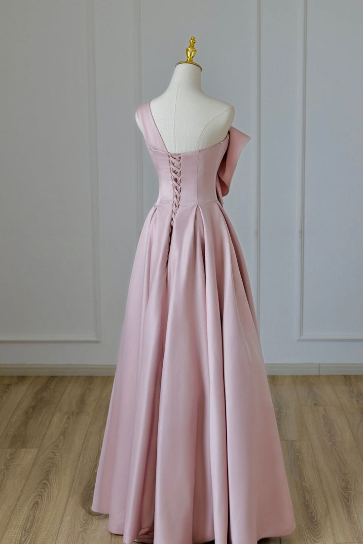 Pink A-Line One-Shoulder Satin Bow Long Prom Dresses TP1660