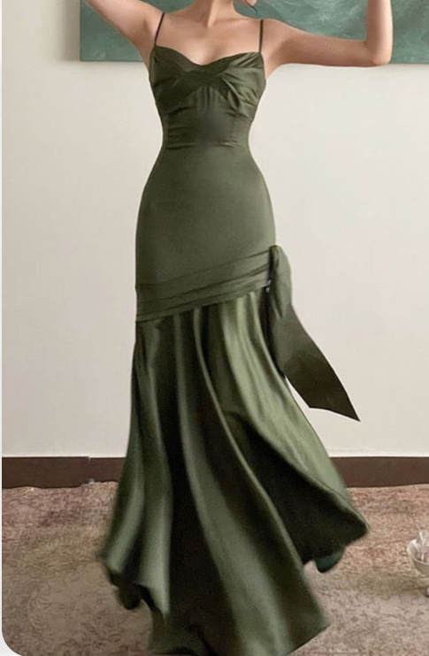 Chic Green Mermaid Spaghetti Strap Satin Long Prom Dresses TP1671