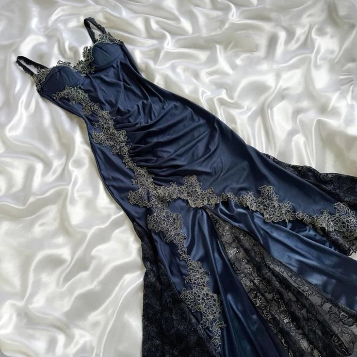 Sexy Navy Blue Mermaid Lace Halter Dresses Party Dresses TP1678