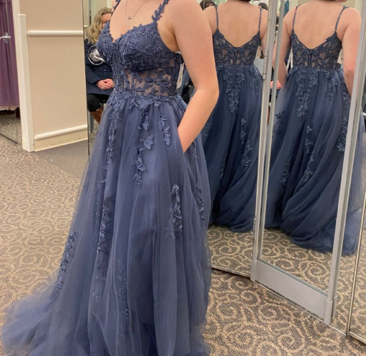 Blue V Neck A-line Applique Spaghetti Strap Long Prom Dresses TP1688