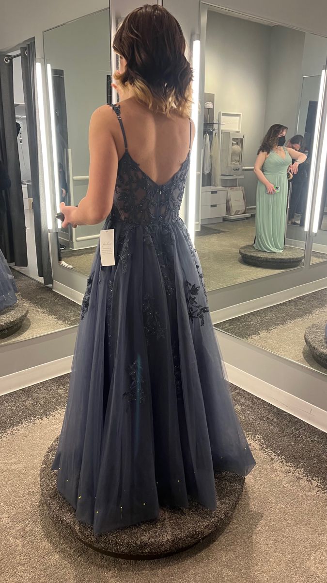 Blue V Neck A-line Applique Spaghetti Strap Long Prom Dresses TP1688