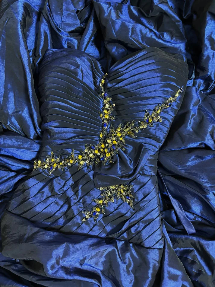 Navy A-Line Strapless Heart Shaped Neck Vintage Floor Length Prom Dresses TP1700
