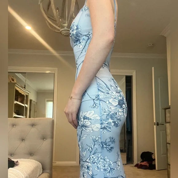Sexy Blue Mermaid Printed Spaghetti Strap Long Prom Dresses TP1707