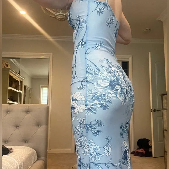 Sexy Blue Mermaid Printed Spaghetti Strap Long Prom Dresses TP1707