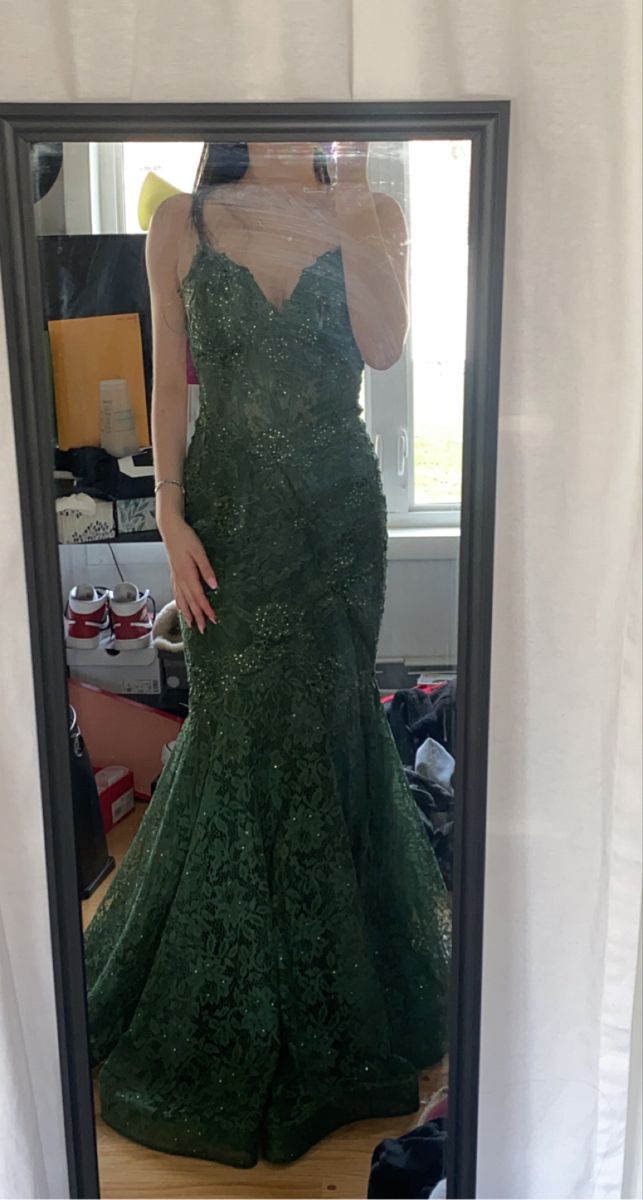 Green Lace Mermaid Spaghetti Strap Long Prom Dresses TP1722