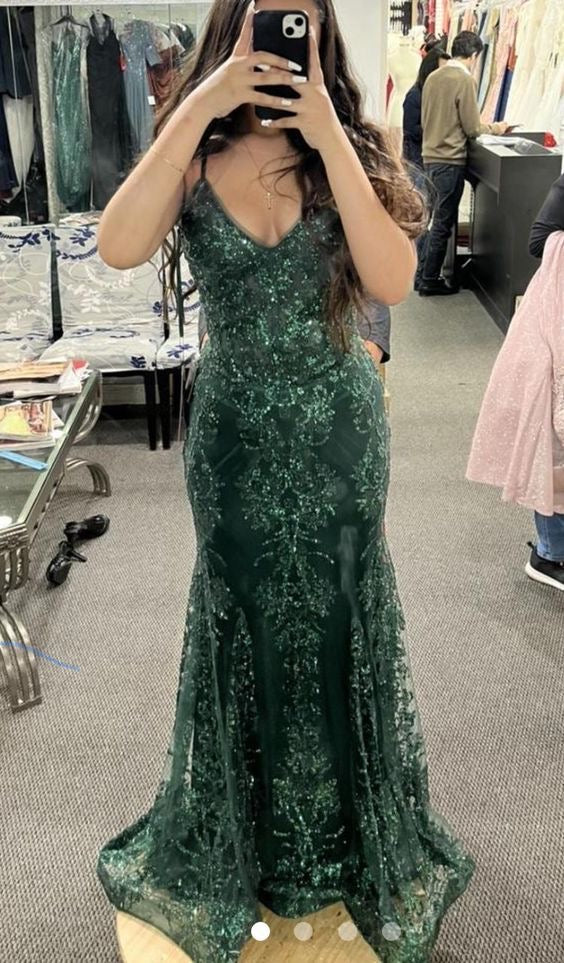 Green Lace Mermaid Spaghetti Strap Long Prom Dresses TP1722