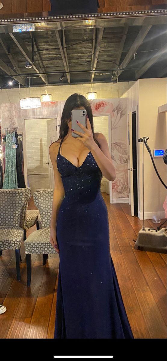 Navy Blue Mermaid Neckline Sequins Sexy Long Prom Dresses Birthday Dresses TP1725