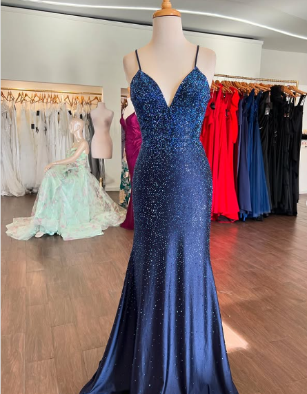Navy Blue Mermaid Neckline Sequins Sexy Long Prom Dresses Birthday Dresses TP1725