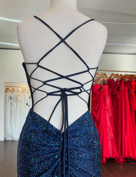 Navy Blue Mermaid Neckline Sequins Sexy Long Prom Dresses Birthday Dresses TP1725