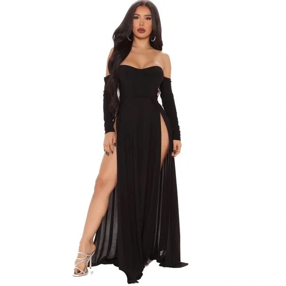 Chic Black Strapless Split Long Prom Dresses TP1728
