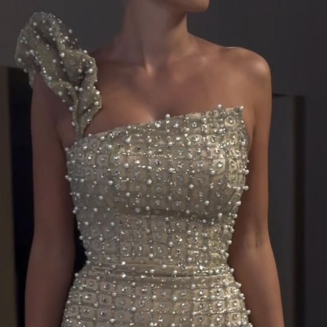 Ivory One Shoulder Pearl Bodycon Long Ball Gown TP1737