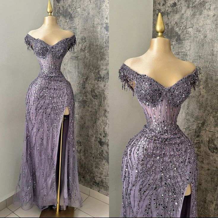 Elegant Purple Mermaid Off-the-shoulder Sequined High Slit Chiffon Long Ball Gown TP1738
