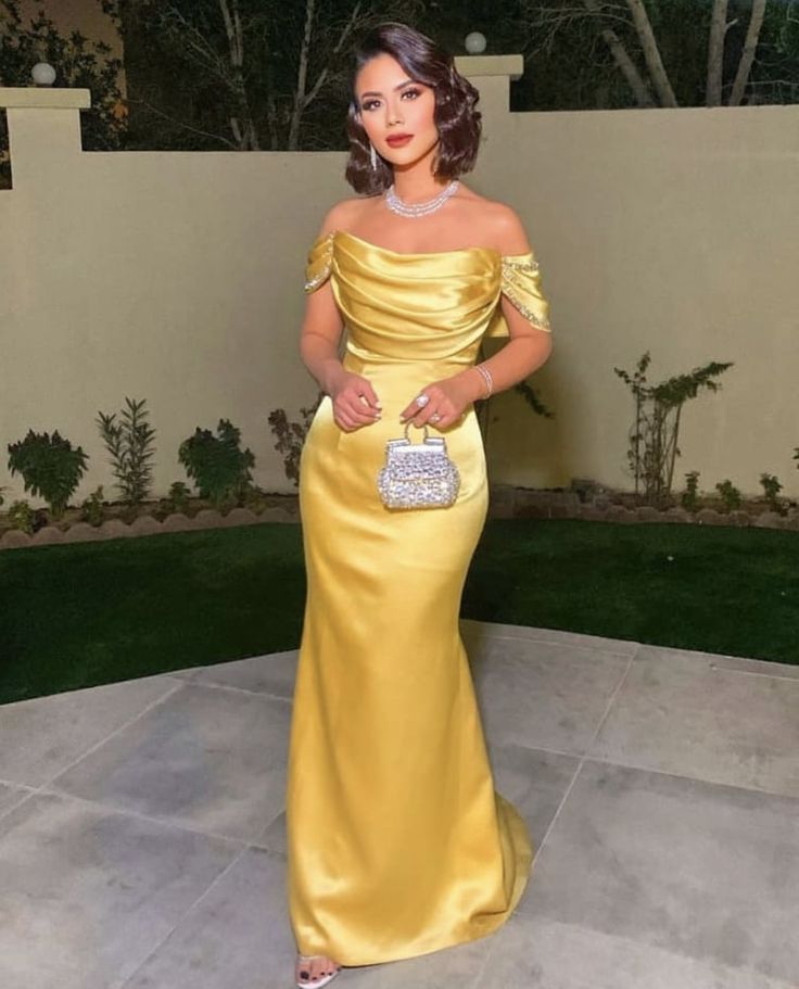 Yellow satin mermaid off-shoulder long ball gown TP1756