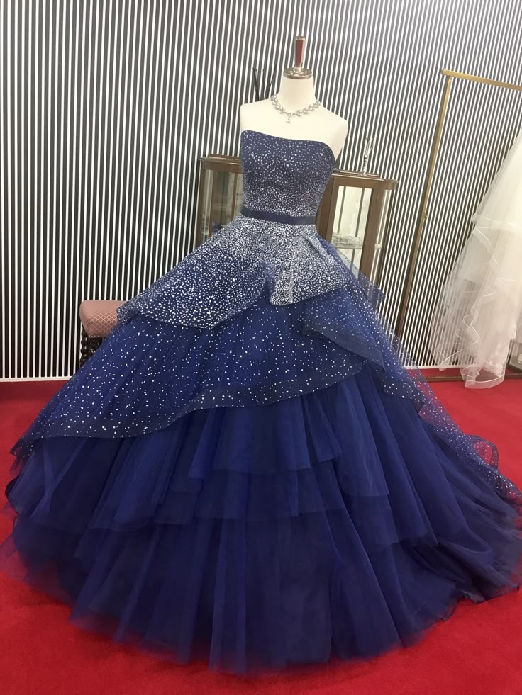 Navy A-Line Tulle Silver Beaded Sequin Strapless Evening Gown TP1763